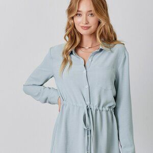 MYSTREELight Blue Shirt Dress Drawstring Waist Button Front Long Sleeve Mini